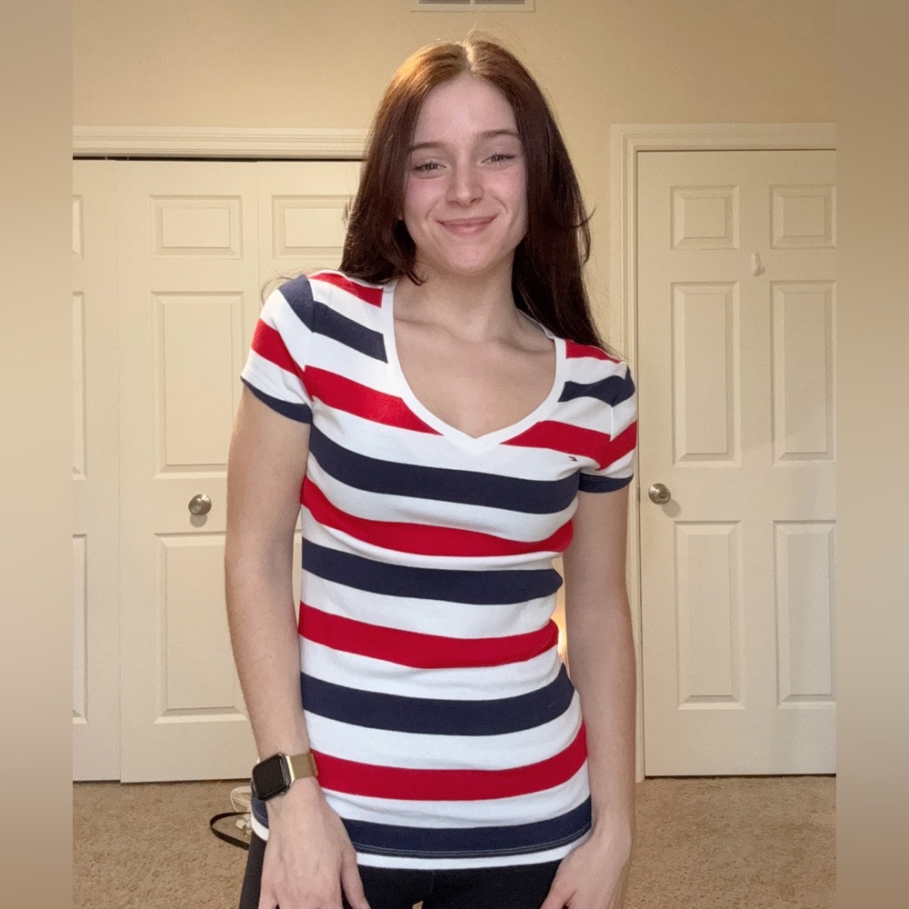 Striped Red, White, and Blue V-Neck T-Shirt